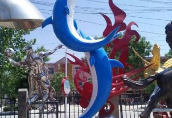 創(chuàng)意不銹鋼海豚雕塑廠家 步行街店門口雕塑 影視劇小品