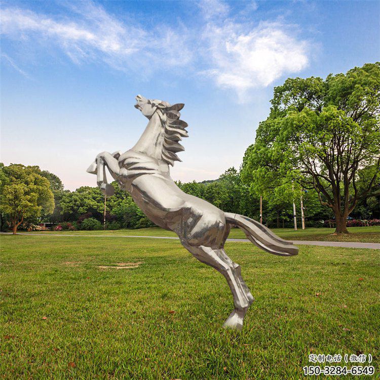 幾何抽象不銹鋼奔馬雕塑，城市動物擺件，大型廣場小品
