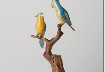彩繪鸚鵡雕塑，仿真動物小品，玻璃鋼鳥禽雕塑廠家