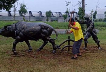 街道老牛雕塑，鑄銅農耕雕塑，古銅效果
