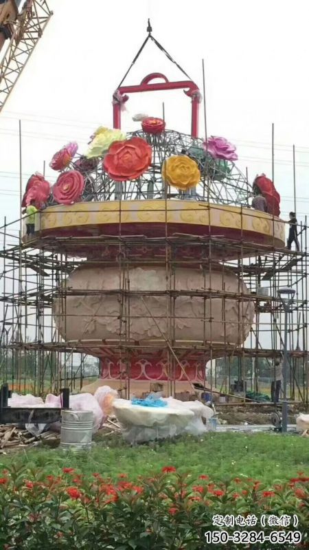 公園景觀雕塑定做，小區擺件，鏡面公園花籃雕塑制作