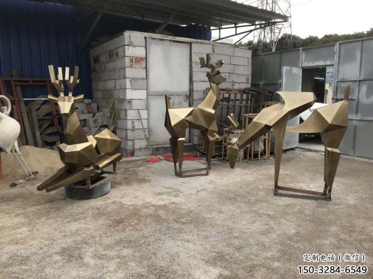 金屬小鹿雕塑批發，街頭藝術，公園抽象銅鹿雕塑展品