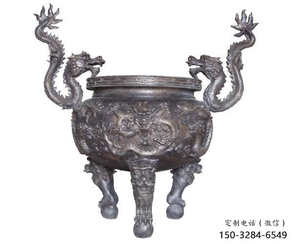 雙耳龍頭三足爐銅雕塑