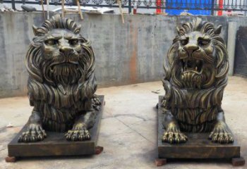 仿銅雄獅雕塑，動(dòng)物美陳擺件，玻璃鋼獅子雕塑生產(chǎn)