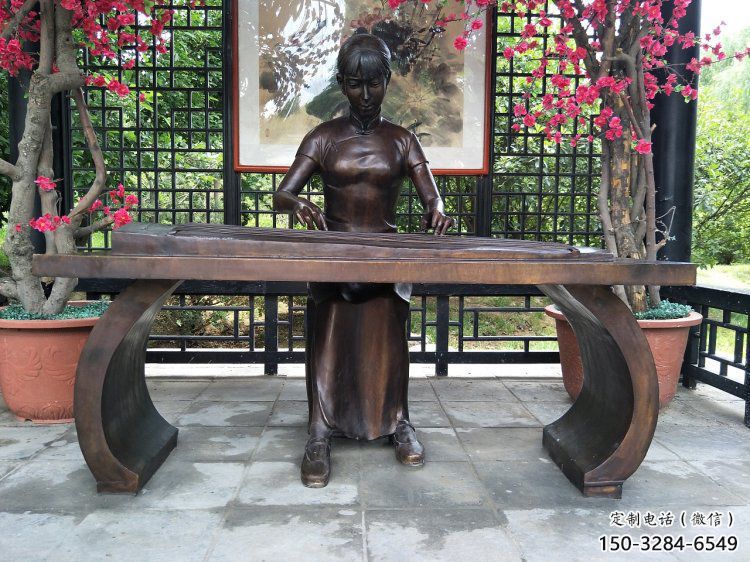 彈古箏雕塑選用，景區案例，純銅仿古制造商