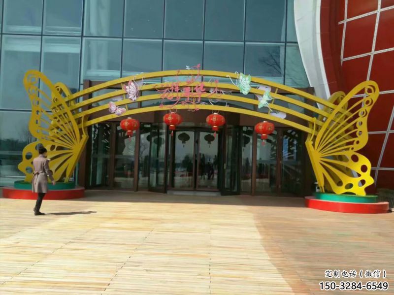 安陽(yáng)蝴蝶拱門雕塑，鏤空烤漆效果，不銹鋼小區(qū)標(biāo)識(shí)雕塑